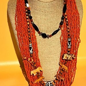 Tribal Ethnic Necklace Bundle Coral Seed Bead & Wood Carved Animals
